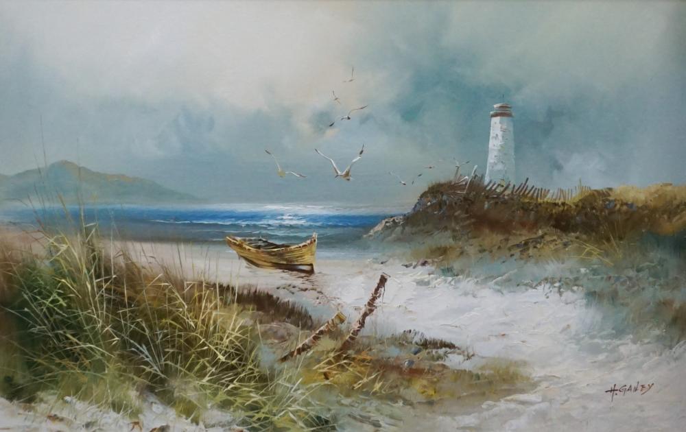 Appraisal: H Gailey Lighthouse on the Shore Oil on Canvas Signed