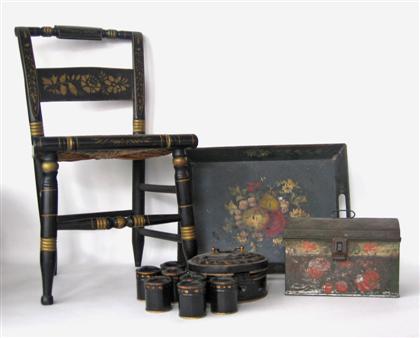 Appraisal: Three-piece painted and decorated tinware group and a painted childs