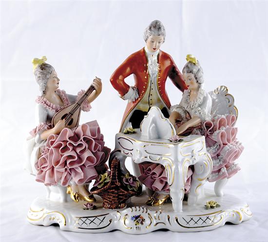 Appraisal: Dresden porcelain figural group depicting two seated young ladies playing