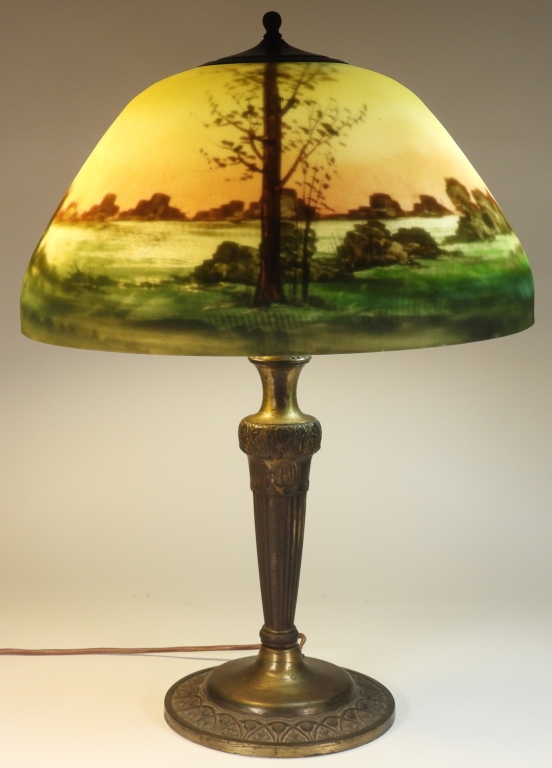 Appraisal: MOE BRIDGES REVERSE PAINTED SUNSET TABLE LAMP United States Early