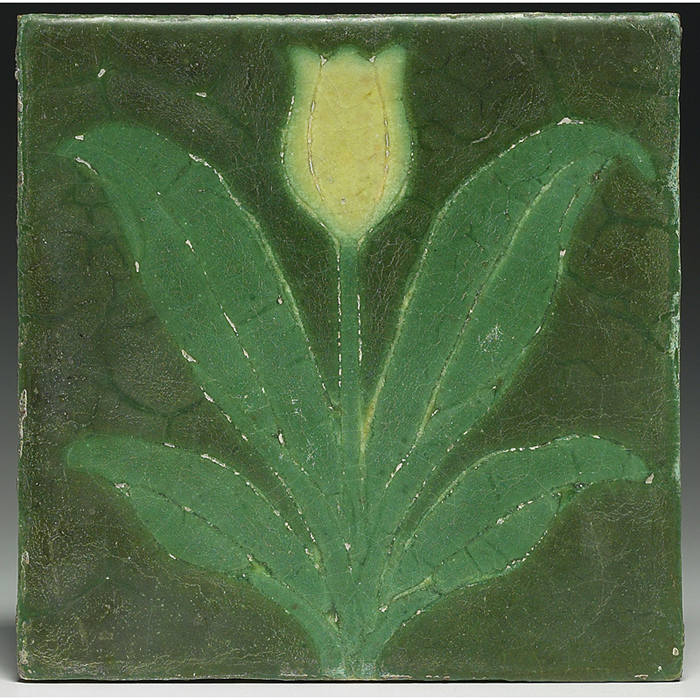 Appraisal: Good Grueby tile incised and painted yellow tulip and green