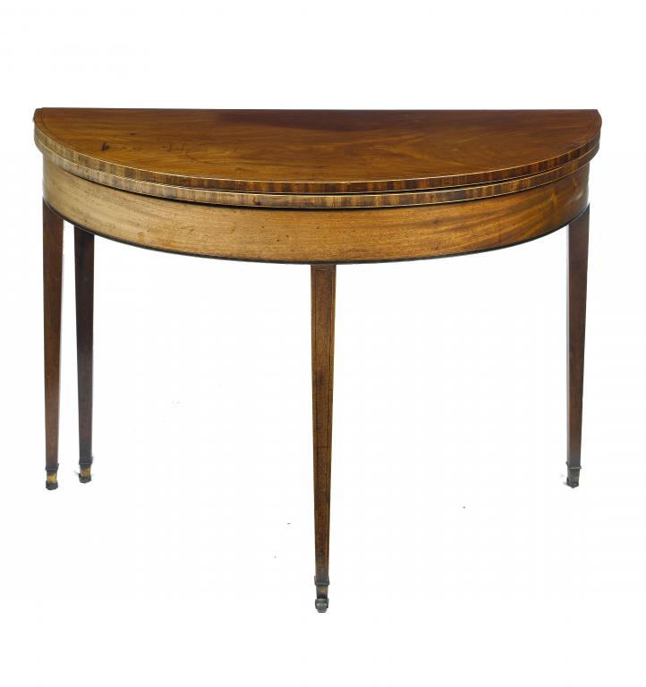 Appraisal: A MAHOGANY AND LINE INLAID SEMI-CIRCULAR TEA TABLE on square