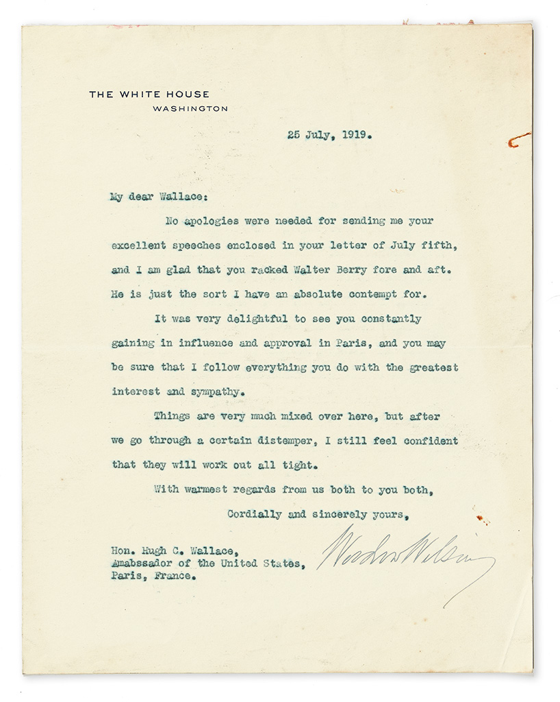 Appraisal: THINGS WILL WORK OUT ALL RIGHT WILSON WOODROW Typed Letter