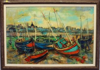 Appraisal: French School Signed Harbor Scene ' French School Signed Harbor