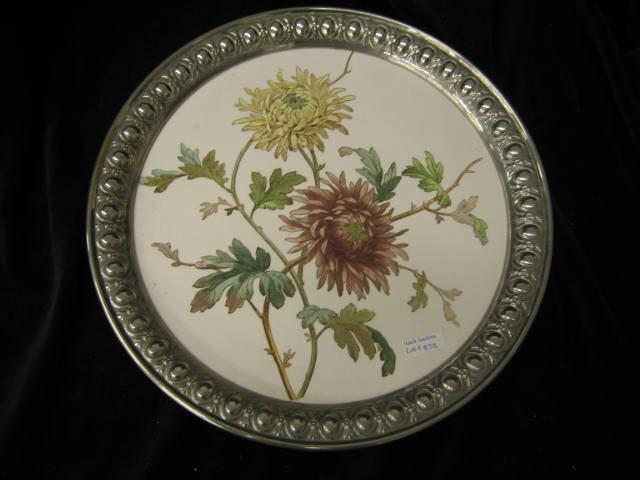 Appraisal: German Victorian Tray porcelain floral liner fancy nickel silver rim