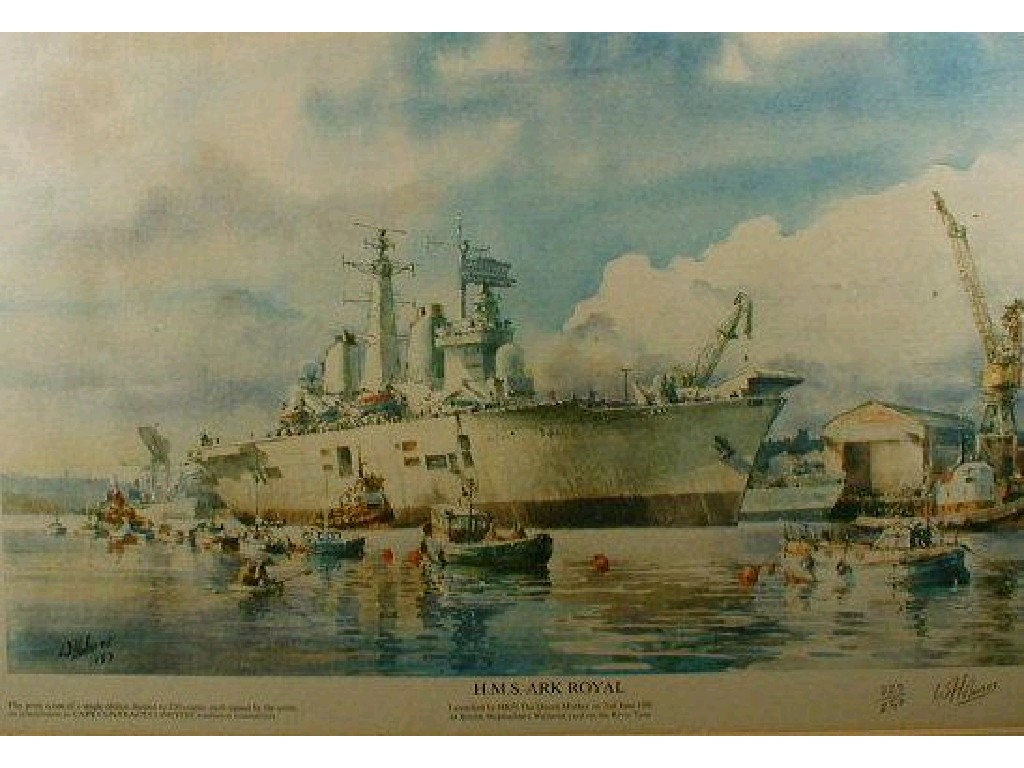 Appraisal: W Holmes Signed coloured print of HMS Ark Royal