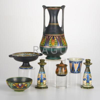 Appraisal: ZUID-HOLLAND GOUDA Seven pieces Mero vase ca Clareta tazza pair