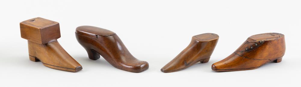 Appraisal: FOUR ENGLISH CONTINENTAL SHOE-FORM TREEN SNUFF BOXES TH CENTURY LENGTHS