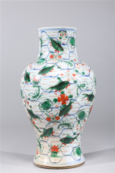 Appraisal: Chinese famille verte enameled porcelain vase with fish and crustaceans