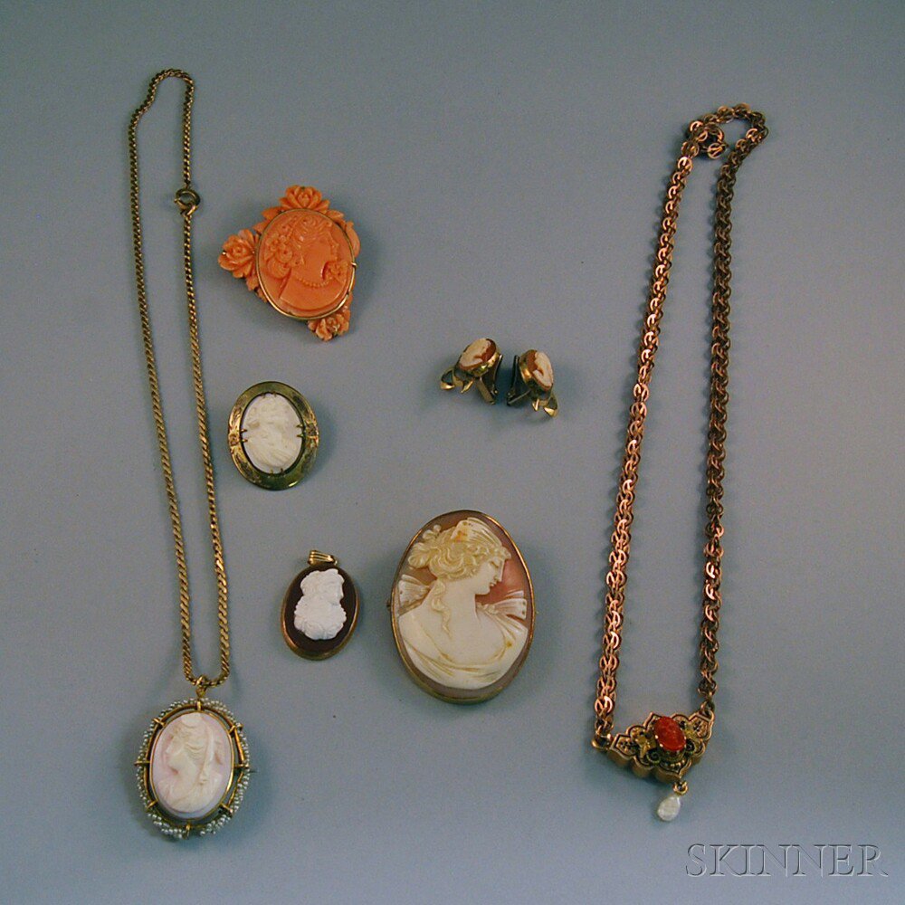 Appraisal: Small Group of Antique Cameo Jewelry a kt gold-framed shell-carved