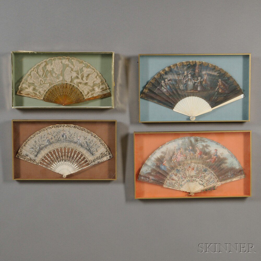 Appraisal: Four Framed Hand Fans Continental th century three with painted