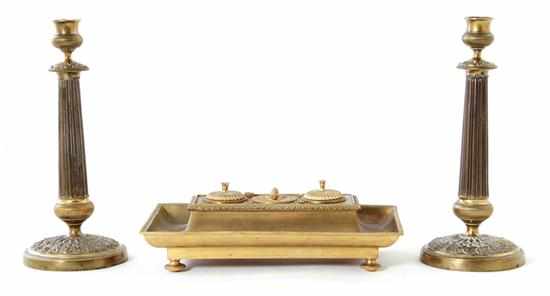 Appraisal: French gilt-bronze inkstand and pair candlesticks th century footed tray-form