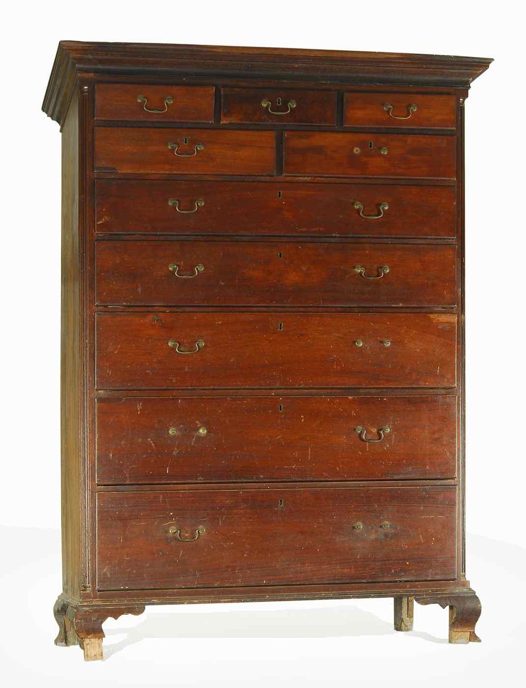 Appraisal: ANTIQUE AMERICAN CHIPPENDALE TEN-DRAWER TALL CHESTCirca In walnut Three narrow