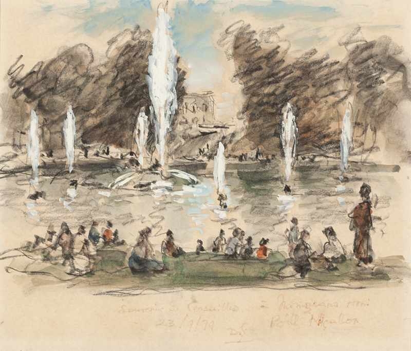 Appraisal: Figures near fountains at Versailles charcoal gouache and wash on