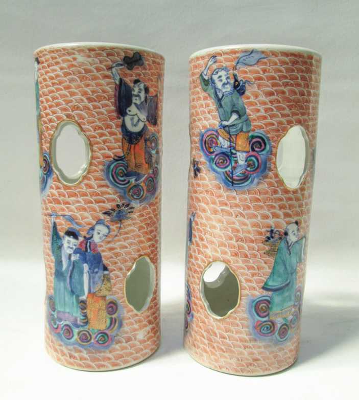 Appraisal: PAIR CHINESE PORCELAIN HAT VASES hand enameled with figures on