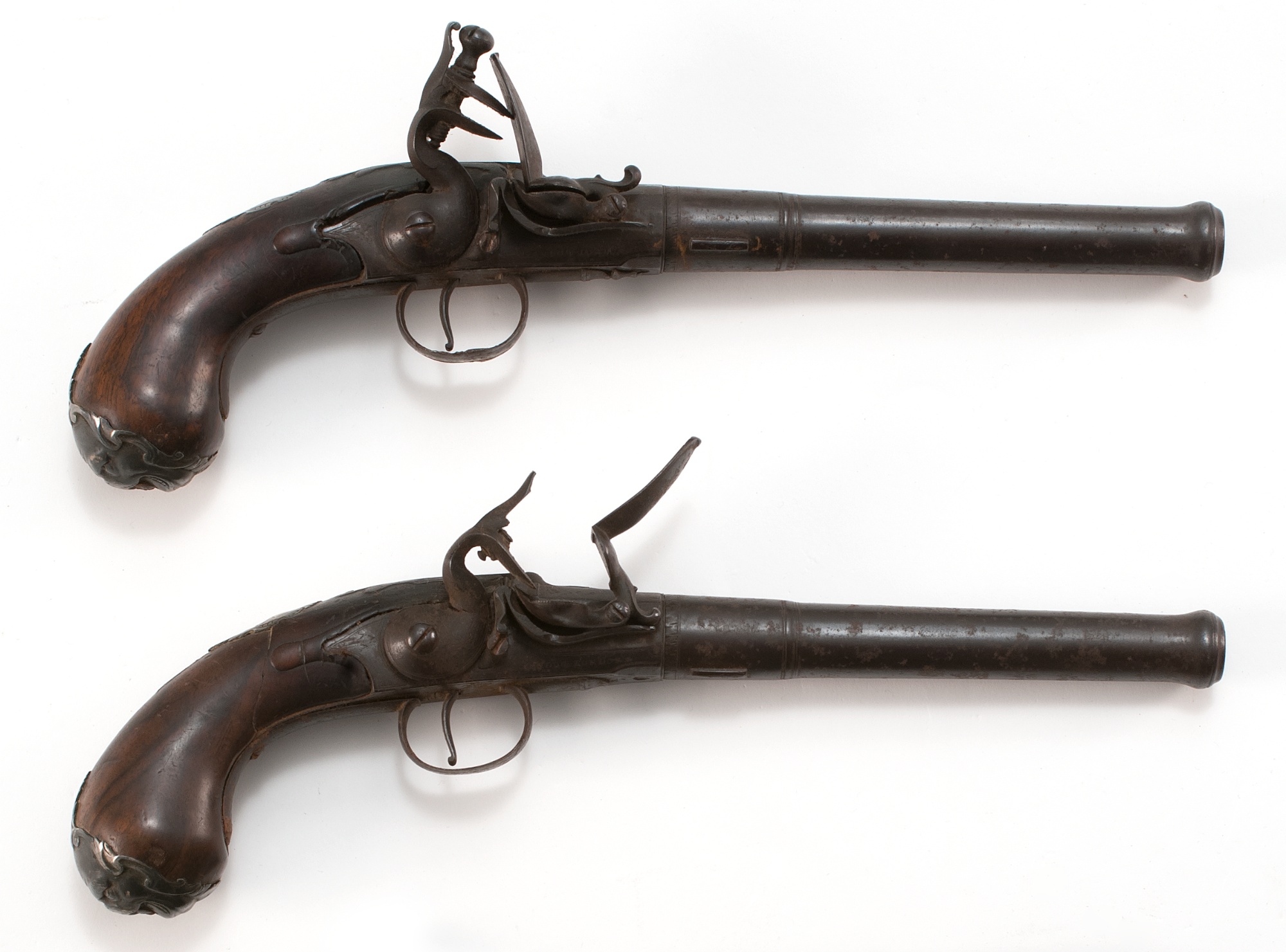 Appraisal: PAIR OF ENGLISH FLINTLOCK TRAVEL PISTOLS th CenturyApprox cal Lockplate