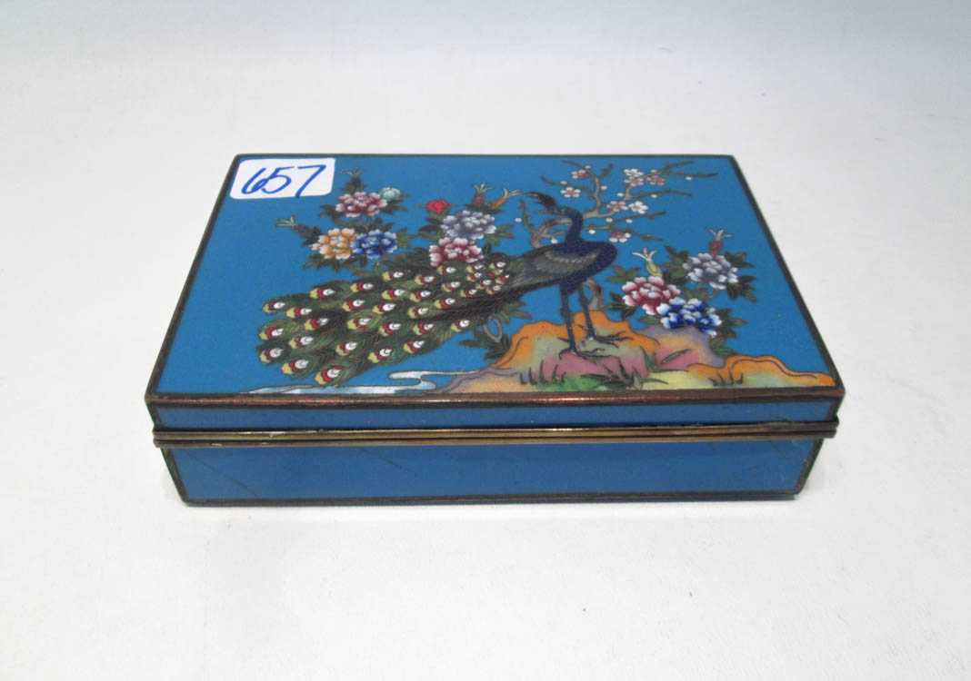 Appraisal: JAPANESE CLOISONNE CIGARETTE BOX with hinged lid having peacock and