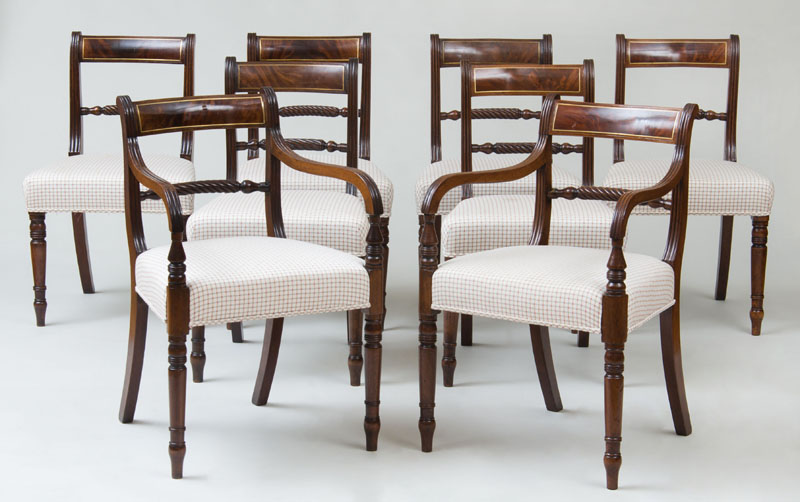 Appraisal: SET OF EIGHT REGENCY BRASS INLAID MAHOGANY DINING CHAIRS Comprising