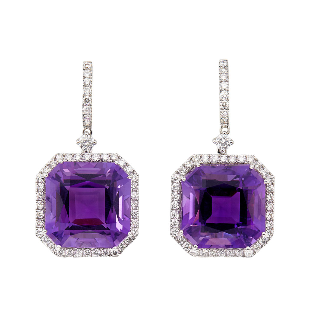 Appraisal: Pair of White Gold Amethyst and Diamond Pendant-Earrings kt octagon-shaped