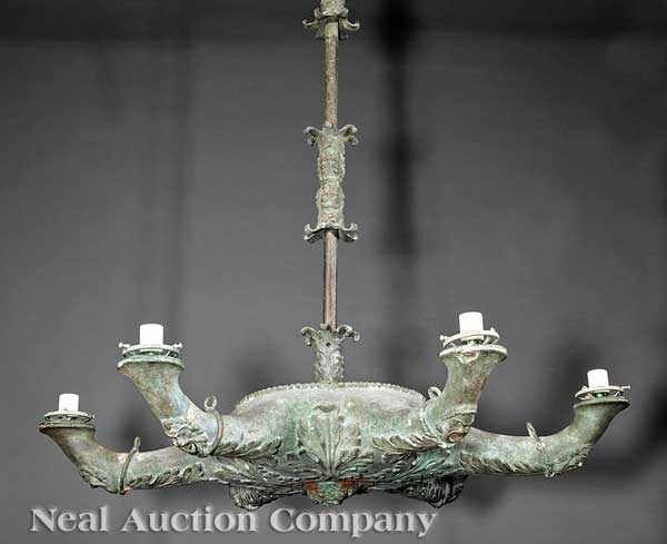 Appraisal: An Antique Italian Patinated Bronze Six-Light Colza Chandelier c standard