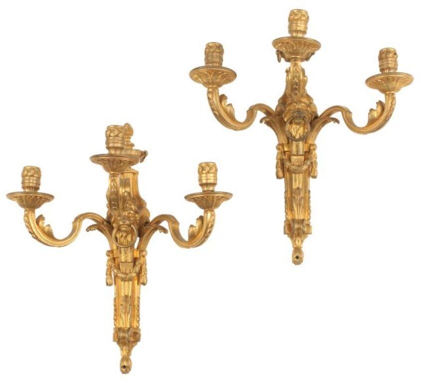 Appraisal: pair Louis XVI style bronze dore sconces three lights approx