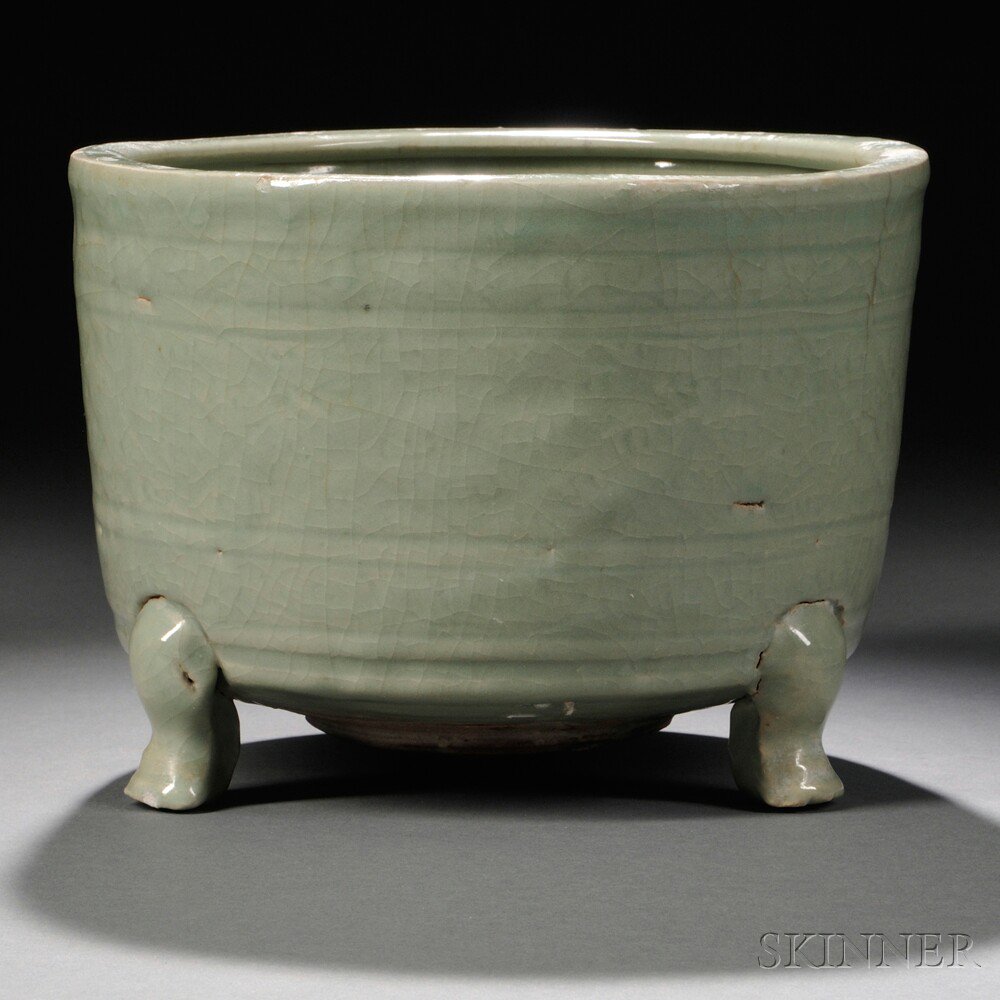 Appraisal: Celadon Tripod Censer China Ming Dynasty or later tubular-shape slightly