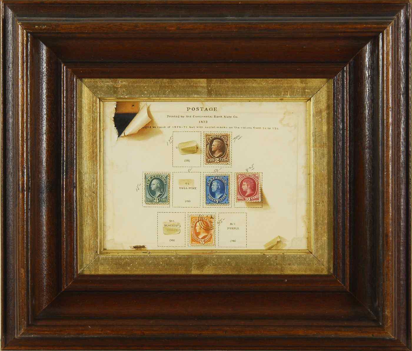 Appraisal: WILLIAM R DAVISAmerican ContemporaryTrompe-l'oeil of stamps Signed in self-portrait stamp