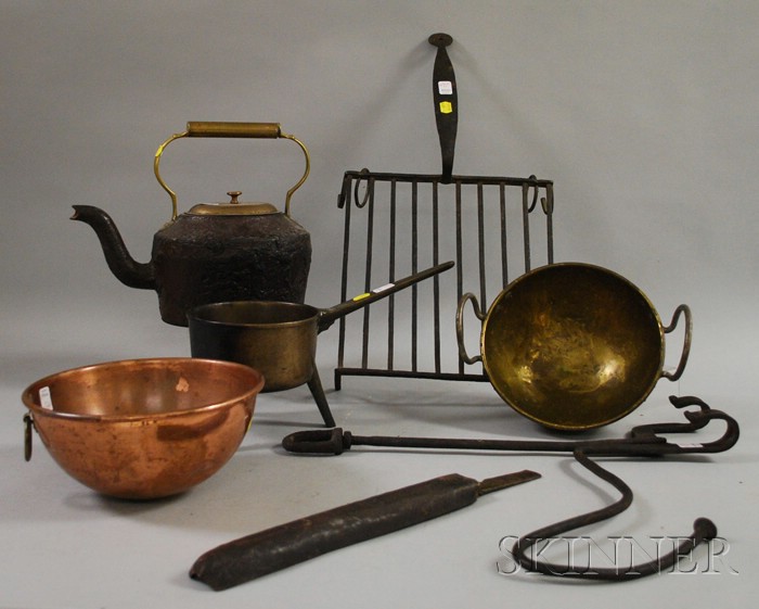 Appraisal: Six Assorted Metal Hearth and Kitchen Items a bronze posnet