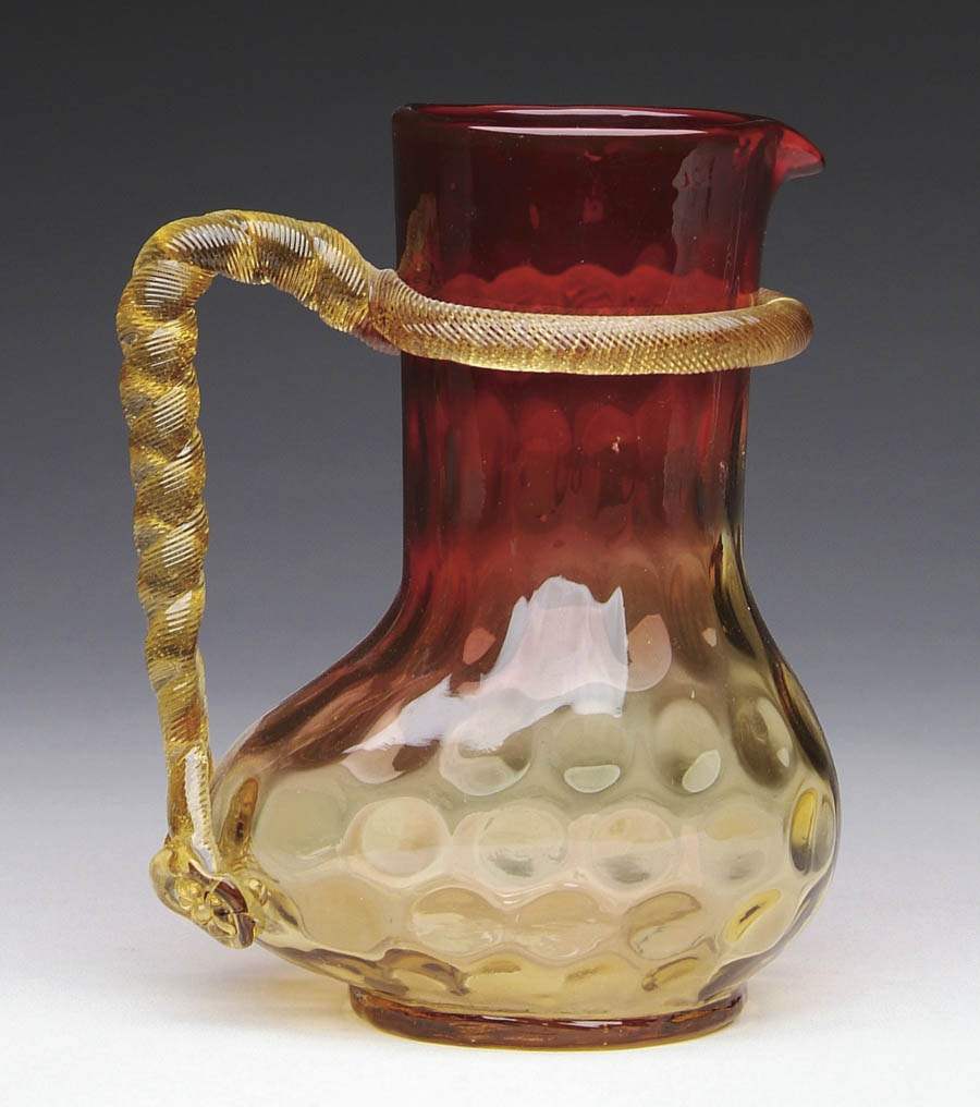 Appraisal: AMBERINA PITCHER Very unusual Amberina pitcher has bulging body and