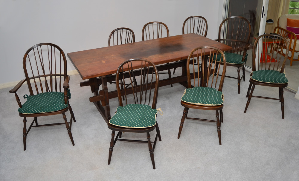 Appraisal: TRESTLE TABLE Windsor STYLE CHAIRS Trestle table with though tenon