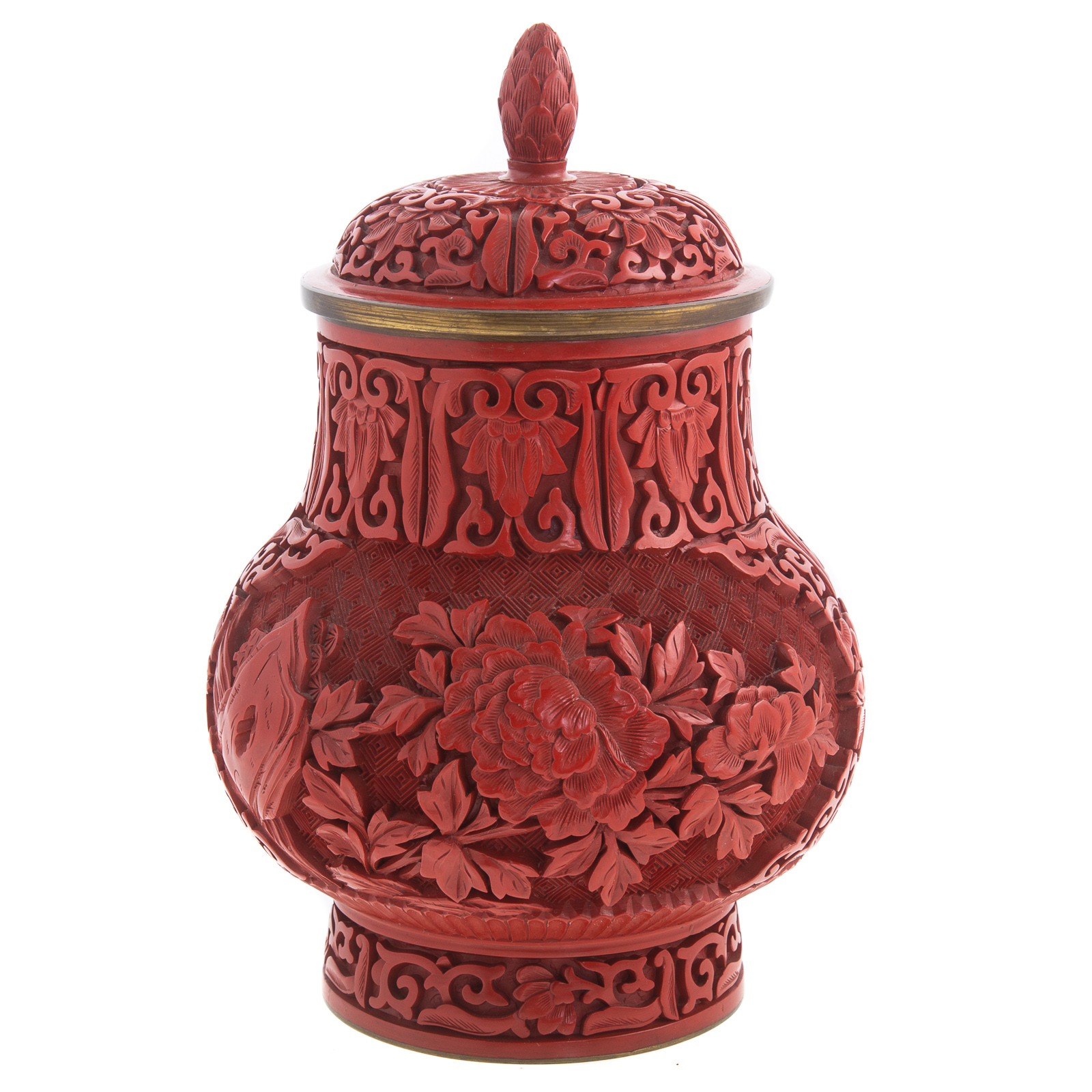 Appraisal: CHINESE CINNABAR LACQUER JAR th century carved floral decoration in