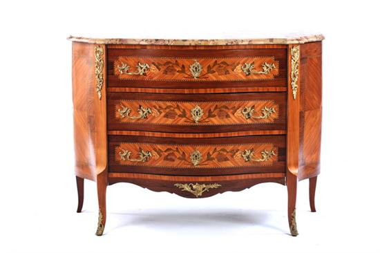 Appraisal: LOUIS XV STYLE MARQUETRY INLAID MARBLE-TOP COMMODE late th century