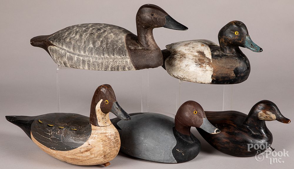 Appraisal: Five carved and painted duck decoys Five carved and painted