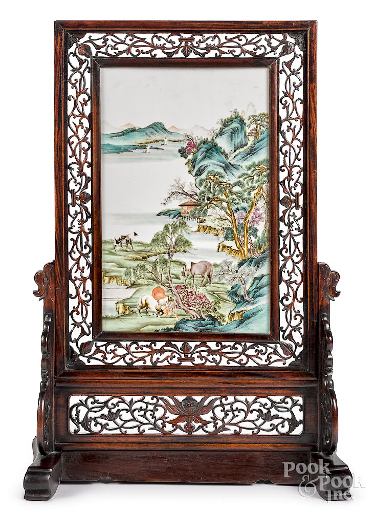 Appraisal: Chinese porcelain screen Chinese porcelain table top screen with hardwood