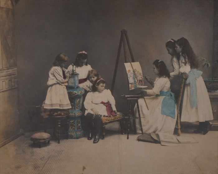 Appraisal: TH C SCHOOL GIRLS PAINTING Hand-colored gelatin silver print x