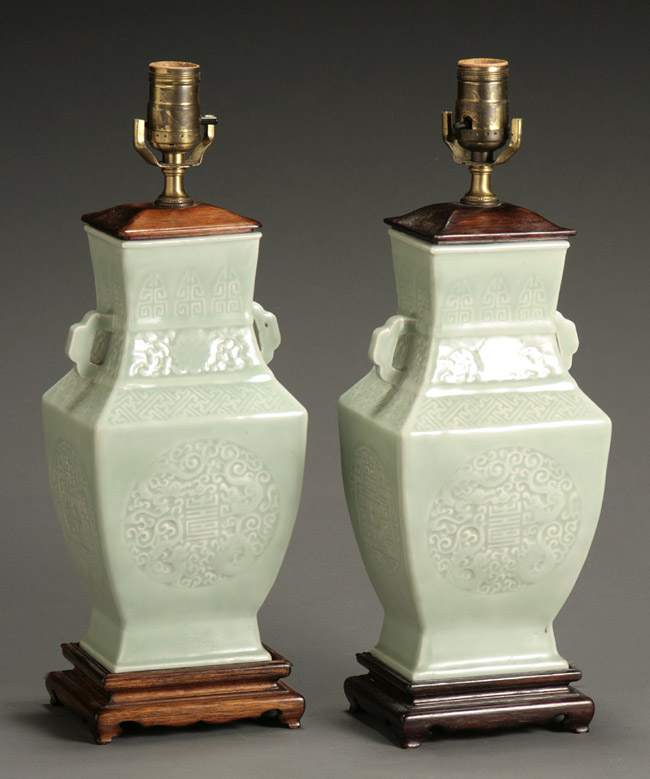 Appraisal: Pair of Chinese Molded Celadon Glazed Archaic Bronze-Form Vases th