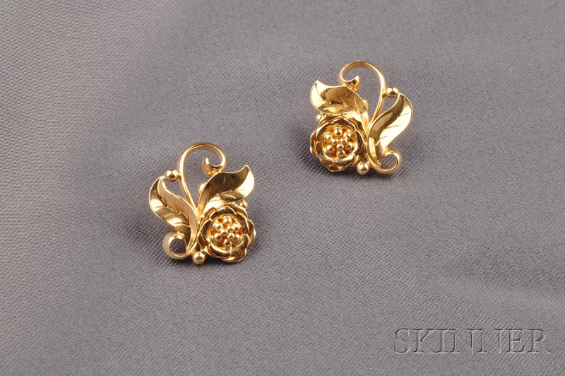 Appraisal: kt Gold Flower Earrings Georg Jensen probably post -mark no