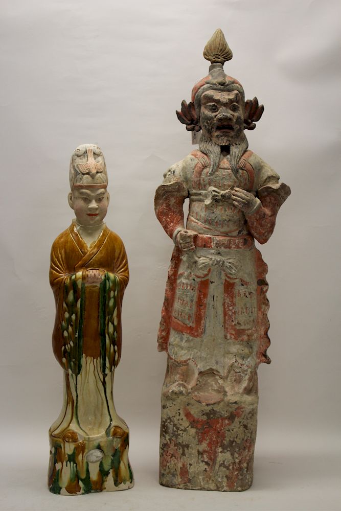 Appraisal: Tang Tomb Guardian and Gentleman Tall pottery tomb guardian with