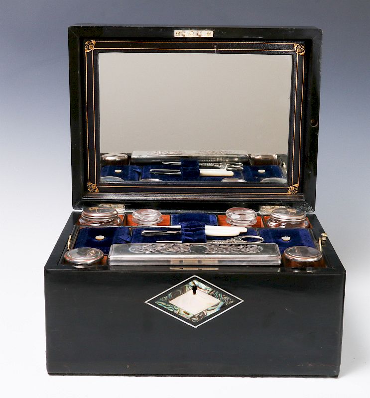 Appraisal: A VICTORIAN VANITY SET IN SHELL INLAID BOX The -piece