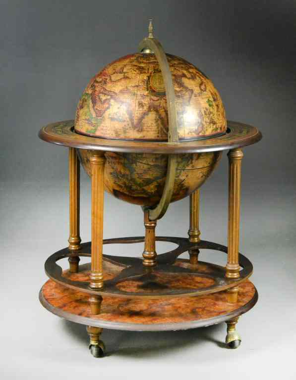 Appraisal: Large World Globe Bar On StandIn burled style wood the