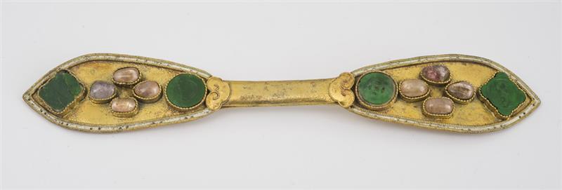 Appraisal: Gilt-Metal Ornament with Carved Jade and Pink Stones in Estimate