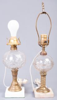 Appraisal: Two Glass Brass and Marble Lamps Late th Century glass