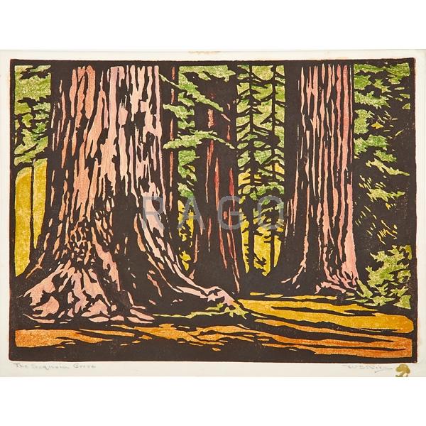 Appraisal: WILLIAM RICE Woodblock print The Sequoia Grove Condition Report tear