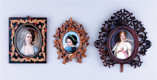 Appraisal: German porcelain portrait miniatures late th century oval likeness of