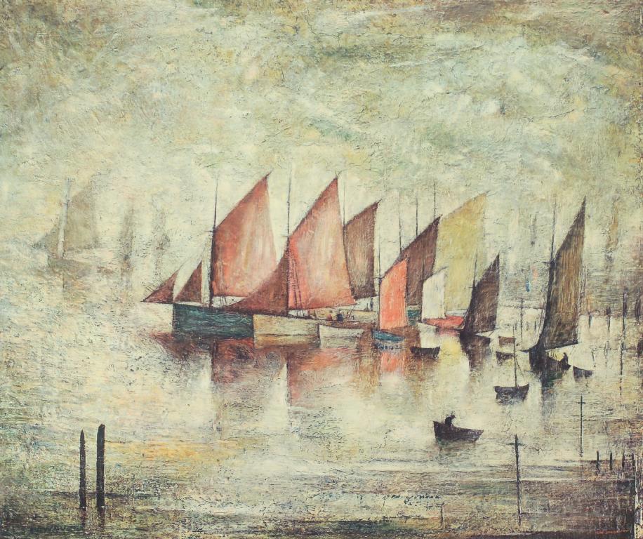 Appraisal: LAURENCE STEPHEN LOWRY - SAILING BOATS coloured print signed in