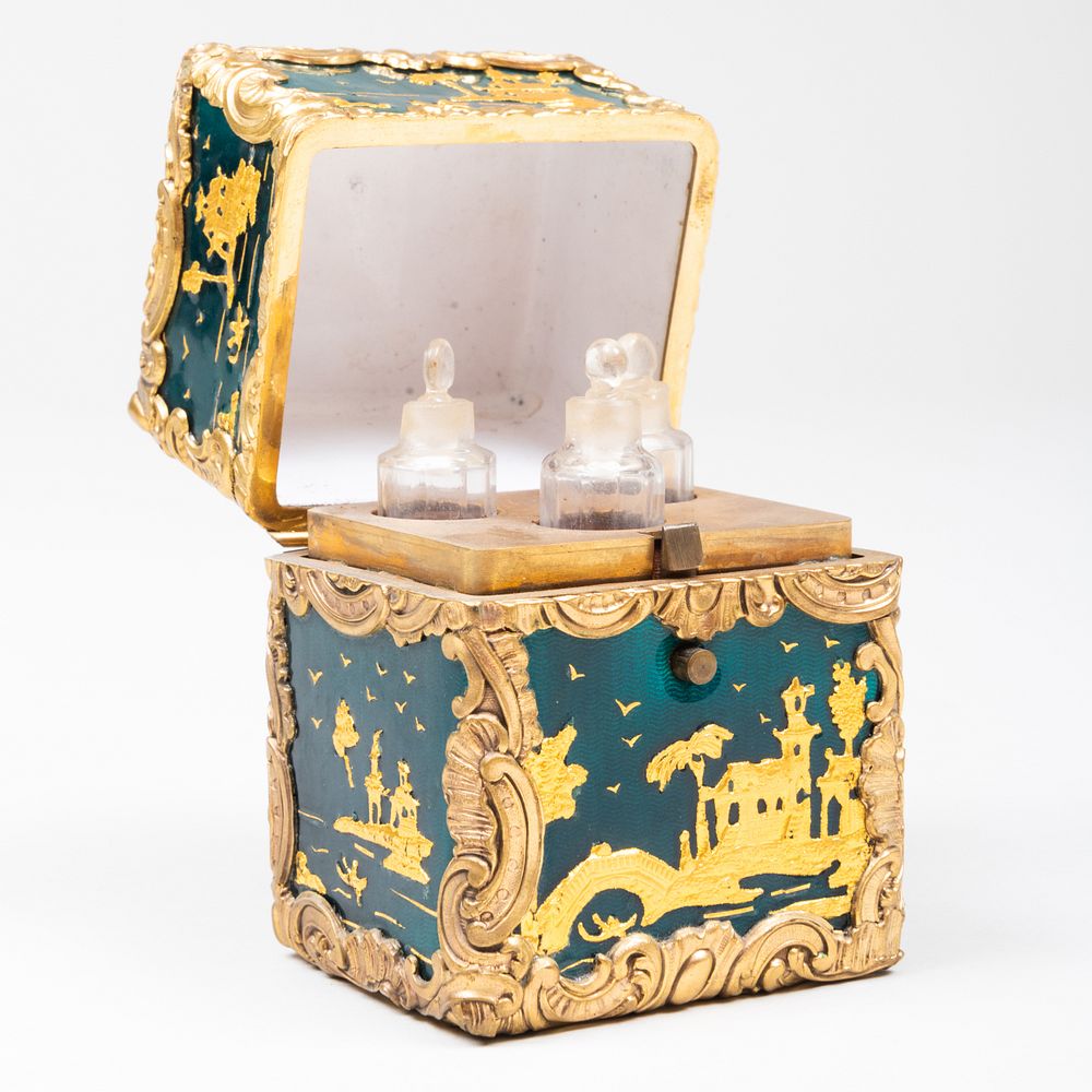 Appraisal: Gilt-Metal-Mounted and Gilt-Lacquered Green Enamel Chinoiserie Scent Bottle Case The