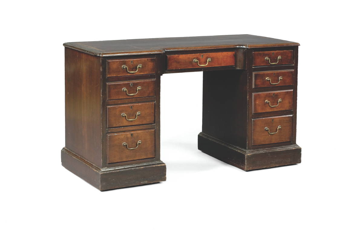 Appraisal: GEORGE III STYLE MAHOGANY DOUBLE BANK DESK The rectangular top