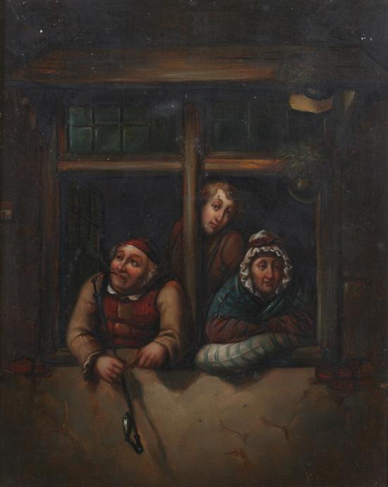 Appraisal: CONTINENTAL SCHOOL th century THREE FIGURES PEERING OUT A WINDOW