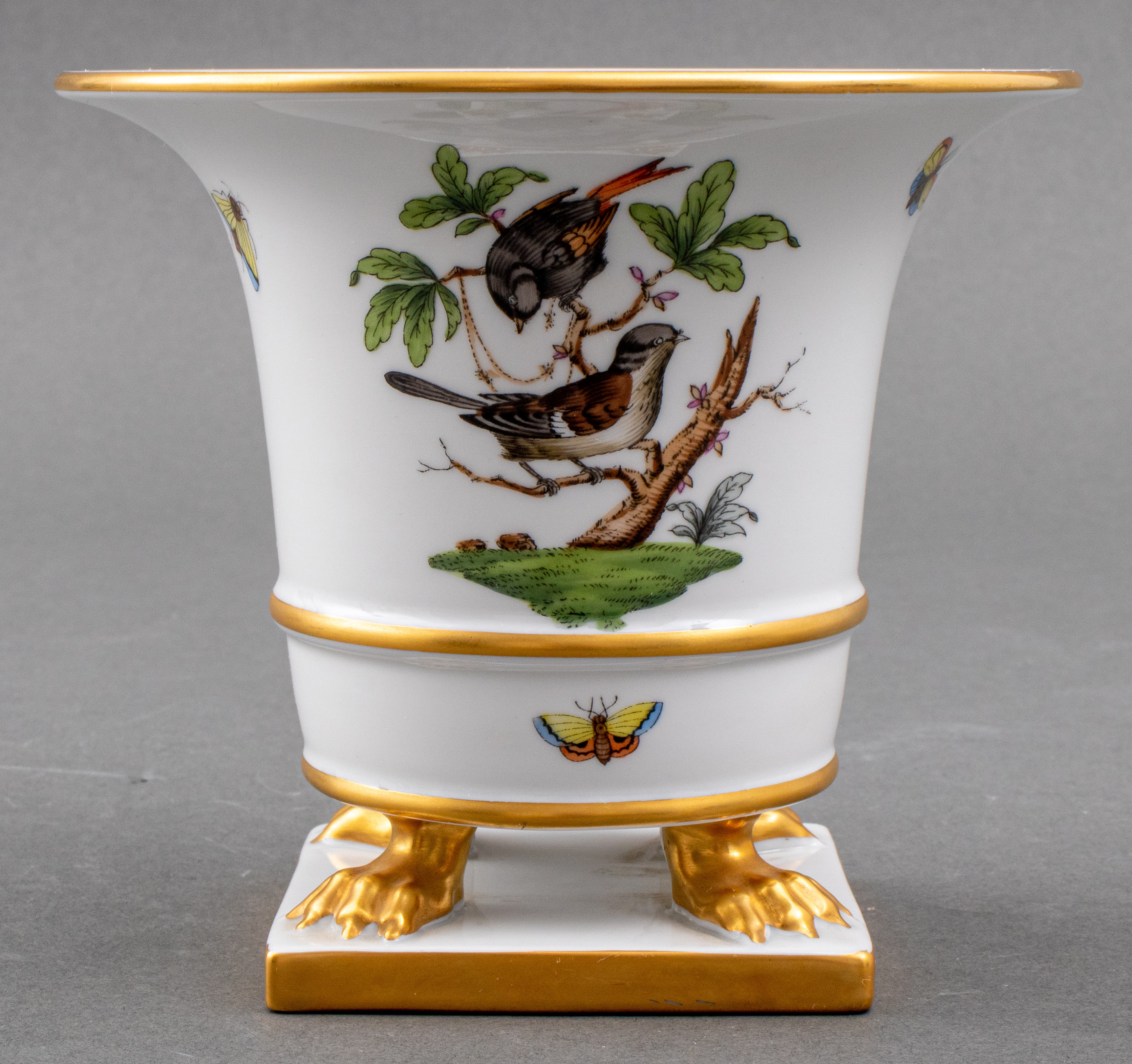 Appraisal: HEREND CACHEPOT ROTHSCHILD BIRDS Hungarian Herend porcelain small footed cachepot