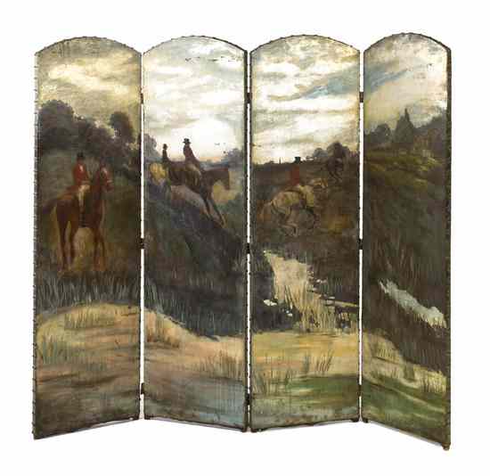 Appraisal: A Continental Painted Leather Four-Panel Floor Screen each rectangular panel